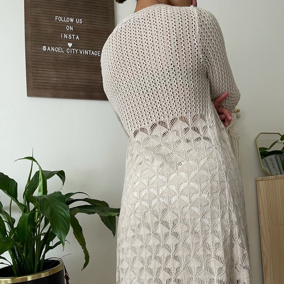 Beige Long Knit Cardigan Boho Tan Crochet Duster - Picture 5 of 6